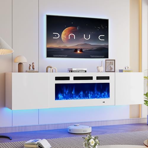 oneinmil 70" Floating Fireplace TV Stand with 36" Electric Fireplace, Wall Mounted Floating Entertainment Center with Storage, TV Console with Fireplace, Floating TV Cabinet, All White