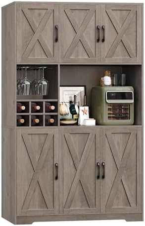 HOSTACK Kitchen Pantry Storage Cabinet, 71" Tall Food Pantry Cabinet with Microwave Stand, Farmhouse Kitchen Hutch, Coffee Bar Hutch with Wine Rack for Dining Room, Living Room, Ash Grey