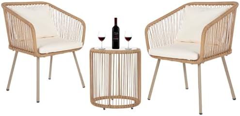 FDW 3-Piece Outdoor Furniture Modern Patio Bistro Set Rattan Conversation Set Wicker Patio Furniture Set with 2 Chairs Coffee Table Cushions Lumbar Pillows for Patio Outdoor Backyard Porch, White