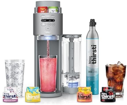 Ninja Thirsti Max Custom Hydration System, Soda Maker, Sparkling Water Maker, Custom Still & Sparkling Drinks, Compact Design, With 60L COβ Cylinder & Flavored Water Drops, Silver WC2002
