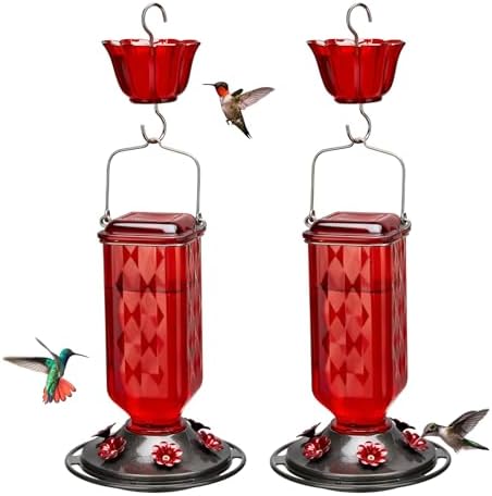 Kingsyard 2 Pack Glass Hummingbird Feeder for Outdoor Hanging, 24 Ounces, 6 Feeding Ports, Bird Nectar Feeder for Garden DΓ©cor, Ant Moat Included, Red
