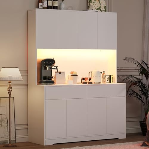 71" Tall 47" Wide Large Kitchen Pantry Storage Cabinet w/ Power Outlet,Led Light, Kitchen Hutch Pantry Cabinet w/ 2 Drawer and 8 Doors,Modern Freestanding Buffet Cabinets for Kitchens,Dining Room