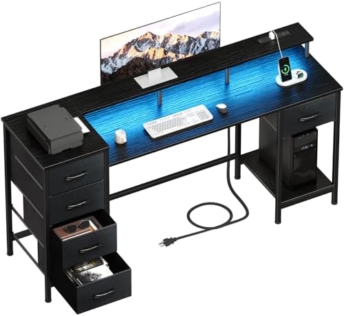 55 Inch Computer Gaming Desk with Power Outlets LED Lights, Reversible Home Office Desk with Adjustable Fabric Drawers for Working Writing Study, Black Oak