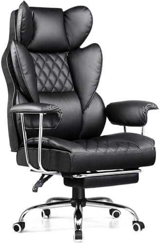 COMHOMA Big and Tall Office Chair, High Back Leather Gaming Chair with Footrest, Executive Ergonomic Office Chair with Pocket Spring Lumbar Support and with Outward Fixed Soft Armrests