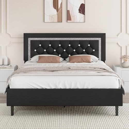 BarnFurin Queen Bed Frame with Tufted Button Headboard, Upholstered Platform Bed Frame with Diamond Design, Strong Wood Slat Support, No Box Spring Needed, Easy Assembly, Black