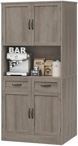 HOSTACK 71“ Tall Kitchen Pantry Storage Cabinet, Modern Kitchen Hutch Bar Cabinet with Microwave Stand, Wood Buffet Sideboard with Hutch, Cupboard with Drawers, Shelves for Dining Room, Ash Gray