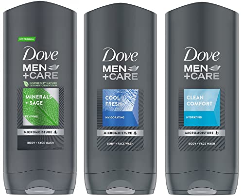 Dove Men + Care Body and Face Wash Variety 3 Scents - Clean Comfort, Extra Fresh, and Minerals + Sage - 13.5 Oz (400ml), Total: 40.5 Ounce