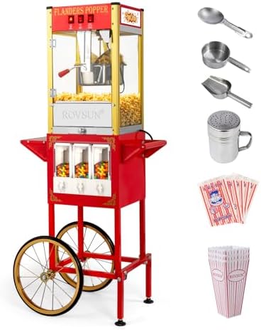 ROVSUN Popcorn Machine w/Cart, Wheels & 8 Oz Kettle Makes Up to 32 Cups ETL Certified, Popcorn Maker w/Candy Dispensers Stainless Steel Scoop, Oil Spoon & 3 Popcorn Cups for Commercial Home Theater