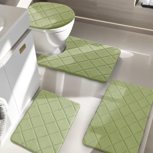 YIHOUSE Memory Foam Bathroom Rugs, Non Slip Bathroom Rug Sets 4 Piece, Machine Wash Bathroom Mat Set, Water Absorbent Bath Mat for Toilet and Floor (Green)