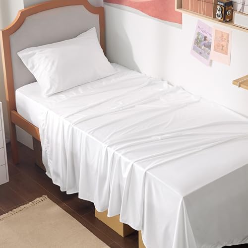 Bedsure Twin XL Sheet Set Dorm Bedding, Cooling Twin Extra Long Sheets, Rayon Derived from Bamboo, Deep Pocket Up to 16 Inches, Hotel Luxury Silky Bedding, Bedsheets & Pillowcases, White