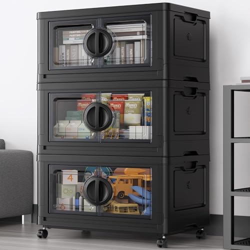 BROVIEW 360Qt Lockable Stackable Storage Bins with Lids, Closet Organizers and Storage Drawer, Collapsible Storage Bin with Wheels, Plastic Cabinet for Toy Clothes Dorm Organizer, V9 3 Pack Black