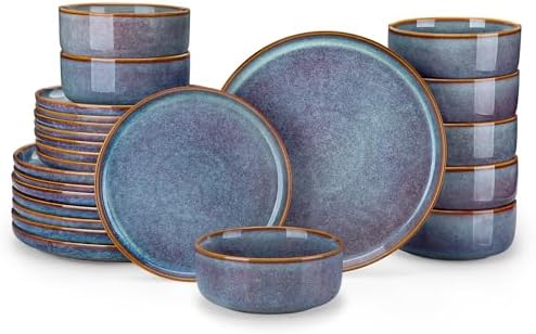 vancasso PLAYA Plates and Bowls Sets, 24 Pieces Grey-Blue Dinnerware Sets for Kitchen, Reactive Glaze Dishes Set for 8, Dishwasher and Microwave Safe