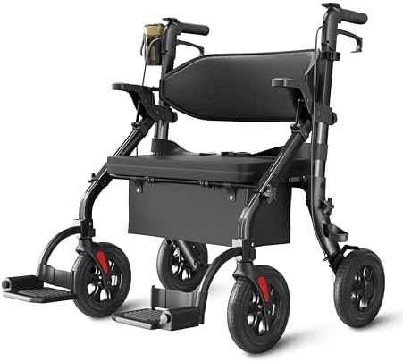 Walkers for Seniors Z59, 2 in 1 Walker Wheelchair Combo, 400 LBS Weight Capacity, 10" All Terrain Rollator with Extra Wide Seat & Backrest, Heavy Duty Rollator with Cup Holder,FSA HSA Eligible