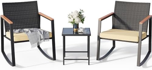 Gizoon 3 Pieces Rocking Patio Bistro Set with Anti-Scald Armrest, Outdoor Patio Wicker Furniture Set with Glass Table and Cushion for Garden, Yard, Porch