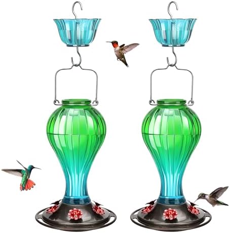 Kingsyard 2 Pack Glass Hummingbird Feeder 24 Ounces, 6 Feeding Ports, Hanging Bird Nectar Feeder for Outdoors Garden Yard Décor, Ant Moat Included, Green & Blue