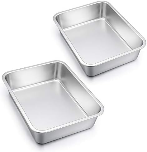 E-far Lasagna Pan Set of 2, Deep Stainless Steel Baking Pans, 12.75 x10 x3.2 Inches Rectangular Metal Roasting Baking Dish Bakeware for Oven, Non-Toxic & Heavy Duty, Dishwasher Safe