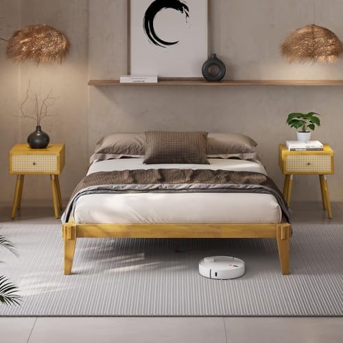 Bme Chalipa 14” Queen Bed Frame - Solid Wood Platform Bed - Japanese Joinery Bed Frame - Wood Slat Support - No Box Spring Needed - Easy Assembly - Minimalist & Modern Style, Golden Natural