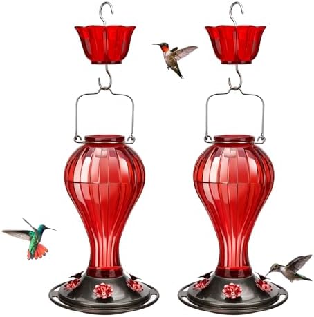 Kingsyard 2 Pack Glass Hummingbird Feeder 24 Ounces, 6 Feeding Ports, Hanging Bird Nectar Feeder for Outdoors Garden Yard DΓ©cor, Ant Moat Included, Red