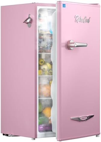 Upstreman 3.2 Cu.Ft Retro Mini Fridge with Bottle Opener, Energy Saving, Adjustable Thermostat, Metal Handle, LED Lamp, Mini Refrigerator for Bedroom, Office, Dorm-BR321 PRO (Pink)