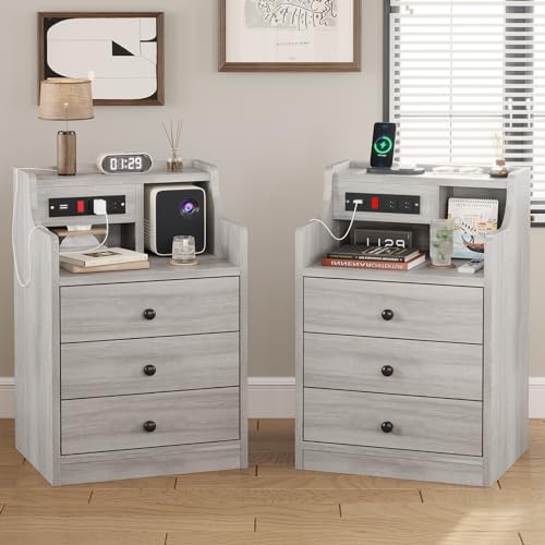 ADORNEVE Nightstand Set 2,Gray Nightstand with Charging Station & Hutch,Night Stands for Bedrooms Set of 2,Bedside Table with Drawers