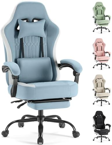 Sweetcrispy Computer Gaming Chair - High Back Ergonomic Desk Chair with Footrest and Lumbar Support, Height Adjustable Task Chair with Linkage Armrests and Headrest, 360° Swivel Wheels, Blue