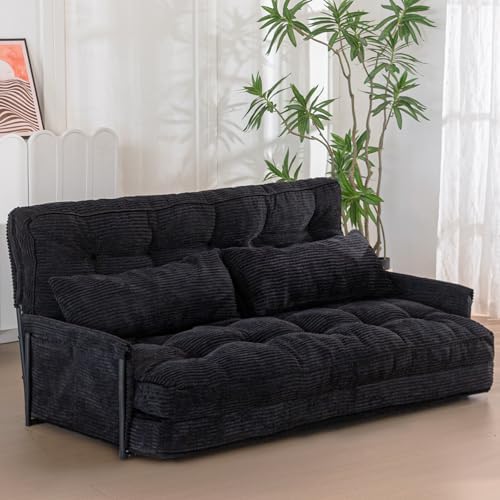 MAXYOYO Adjustable Floor Sofa Couch with 2 Pillows, Multi-Functional Bean Bag Bed, 5-Position Foldable Lazy Sofa Sleeper Bed with Armrest, Versatile Floor Seating for Reading, Black, Double