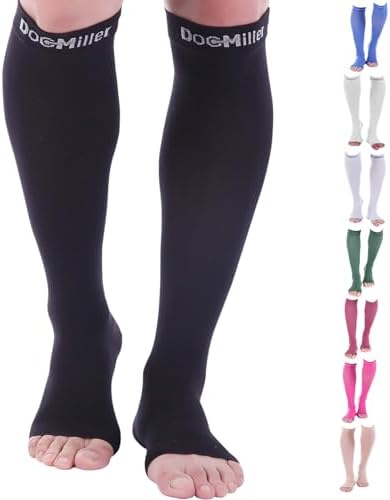 Doc Miller Open Toe Compression Socks for Men & Women, 30-40 mmHg Knee High Support, Toeless Design for Daily Leg Comfort, Breathable Nylon Spandex, 1 Pair