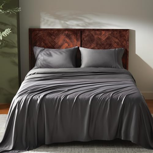 GOKOTTA Queen Size Bed Sheets 4 Piece Set, 100% Rayon Derived from Bamboo, Cooling for Hot Sleepers-Luxury Breathable Soft Sheets, Deep Pocket 16" Fitted Sheet with Elastic Corner Straps, Dark Grey