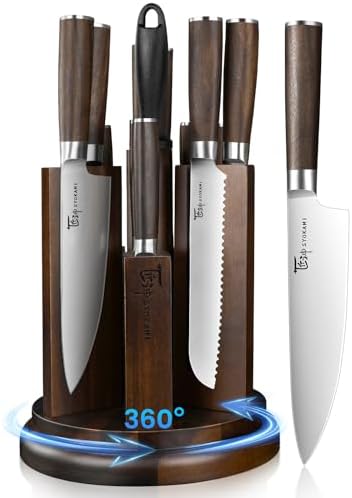 Kitchen Knife Set with Magnetic Block and Sharpener 14 Piece Knife Set 360° Rotatable Holder Ultra Sharp High Carbon Stainless Steel Knives Sets with Steak Knives, Anti-slip Ergonomical Handle
