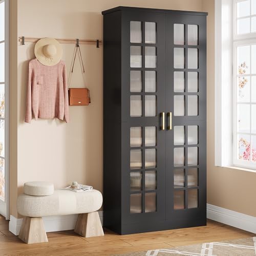 Tribesigns 71-Inch Tall Shoe Cabinet with Doors, 8-Tier Shoe Storage Cabinet with Adjustable Shelves, Modern Shoe Organizer Shoe Rack Cabinet for Entryway, Hallway, Closet, Living Room, Black and Gold