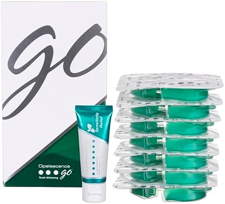 Opalescence GO 15 Whitening Bundle - (7 Treatments) Hydrogen Peroxide Prefilled Whitening Trays and Travel Sensitive Whitening Toothpaste 1 Oz - Mint Flavor- 6288-1T
