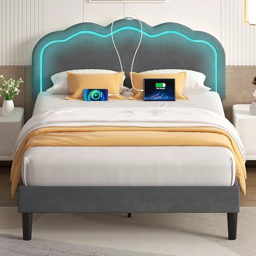 VECELO Upholstered Full Bed Frame with Headboard Adjustable, LED Lights, USB-A & Type-C, Velvet Platform Bed Noise Free, Mattress Foundation with Wooden Slats, No Box Spring Needed, Grey