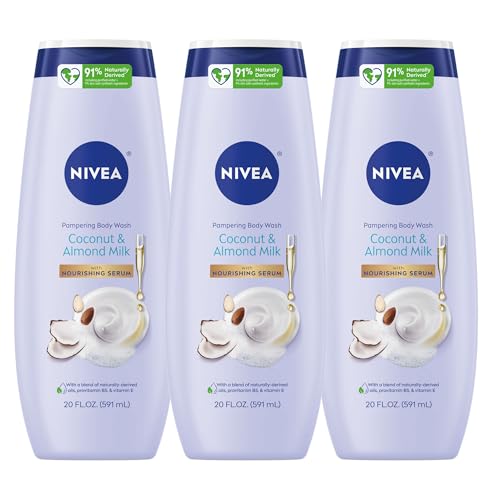 NIVEA Pampering Coconut and Almond Milk Body Wash with Nourishing Serum, Moisturizing Body Wash for Women, Enriched with Provitamin B5 and Vitamin E, 20 Fl Oz Bottle, 3 Pack