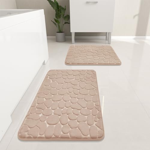 YIHOUSE Bathroom Rugs Sets 2 Piece, Cobblestone Memory Foam Bathroom Mats Set Extra Thick, Non Slip Bath Mats for Bathroom, Water Absorbent, Washable Khaki Bath Rugs for Tub, Toilet and Floor