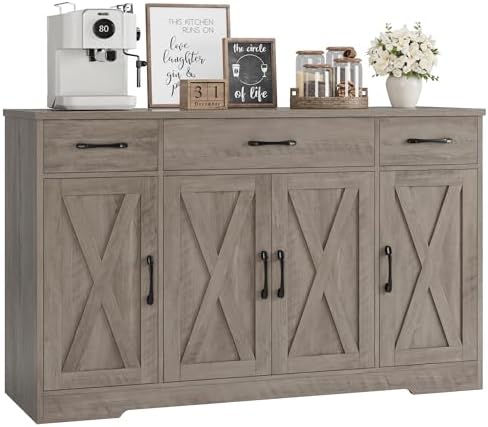 HOSTACK Buffet Sideboard Cabinet with Drawers, 55" Large Buffet Storage Cabinet with Shelves and Doors, Modern Farmhouse Coffee Bar Station for Kitchen, Dining Room, Ash Grey