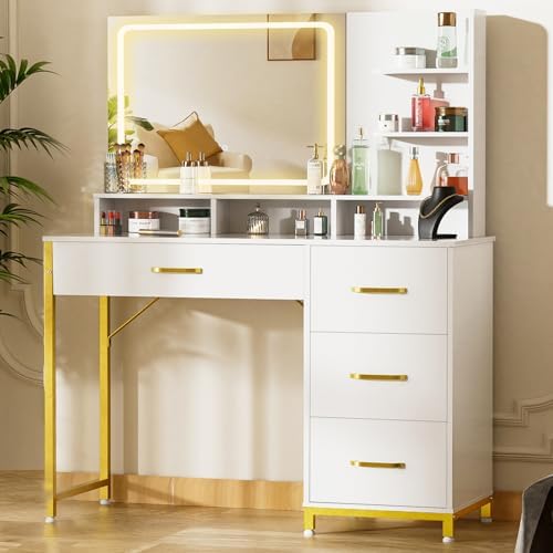COMHOMA Vanity Desk with Mirror and Lights, Makeup Vanity Table with 4 Drawers & Storage Shelves, Large HD Mirror, 3 Color Modes & Adjustable Brightness, Modern Dressing Table for Bedroom, White