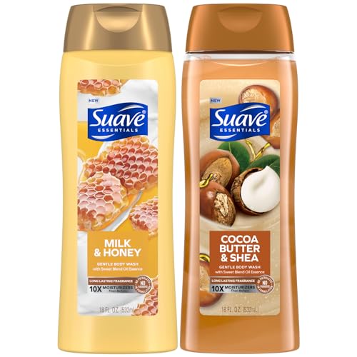 Suave Body Wash Variety 2-Pack, Milk & Honey + Cocoa Butter & Shea – Gentle Body Washes with Sweet Blend Oil Essence, 18 Oz Ea