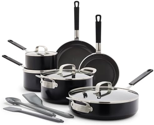 GreenPan x Bobby Flay 13 Piece Nonstick Cookware Pots and Pans Set, PFAS-Free Diamond Ceramic, Induction Suitable, Easy Clean Dishwasher & Oven Safe, Stay-Cool Silicone Handles, Glass Lids, Black