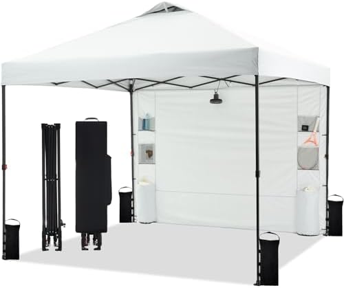 10'x10' Pop Up Canopy Tent with 1 Sidewall and 6 Pockets, One Push Setup, Instant Shade Tent with Vented Roof for Beach Patio Outdoor, Case, 8 Stakes, 4 Ropes, 4 Sandbags (White)