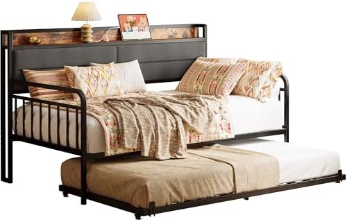 LIKIMIO Daybed with Trundle, Sturdy Metal Twin Bed Frame with Upholstered Headboard and Charging Station for Living Room, Bedroom and Guest Room, Black