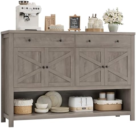 HOSTACK 55'' Buffet Sideboard Cabinet with Storage, Coffee Bar with 2 Drawers, Farmhouse Console Table with Doors, Storage Cabinet with Shelf for Kitchen, Living Room, Entryway, Ash Gray