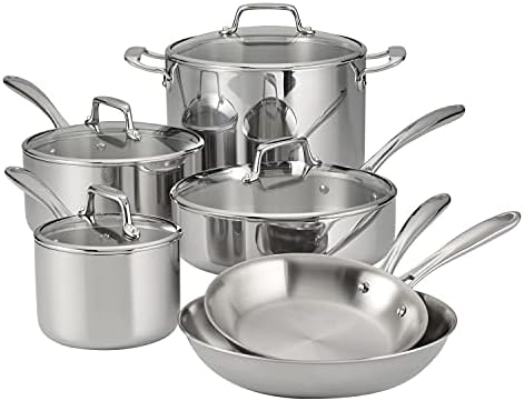 Tramontina Tri-Ply Clad Stainless Steel 10-Piece Cookware Set with Glass Lids, Pots and Pans Kitchen Set, Induction-Ready, Dishwasher-Safe, NSF-Certified