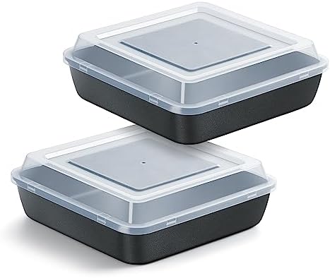 E-far 8x8 Inch Square Baking Pan with Lid Set, Nonstick Square Cake Pans Metal Bakeware for Oven Cooking Lasagna Brownies, Stainless Steel Core & Easy Release, 4 Pieces(2 Pans+2 Covers)