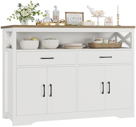 HOSTACK 47" Modern Farmhouse Sideboard Buffet Cabinet, Wood Buffet Storage Cabinet with Drawers & Shelves, Large Coffee Bar with Storage, Microwave Stand for Kitchen, Living Room, White Brown