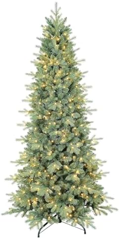 5 FT Prelit Artificial Skinny Christmas Tree,Blue Spruce Slim Pencil Xmas Tree with 926 PE&PVC Mixed Branch Tips and 250 UL Listed Clear Lights,Hinged Pine Tree with Metal Stand for Home Office Décor