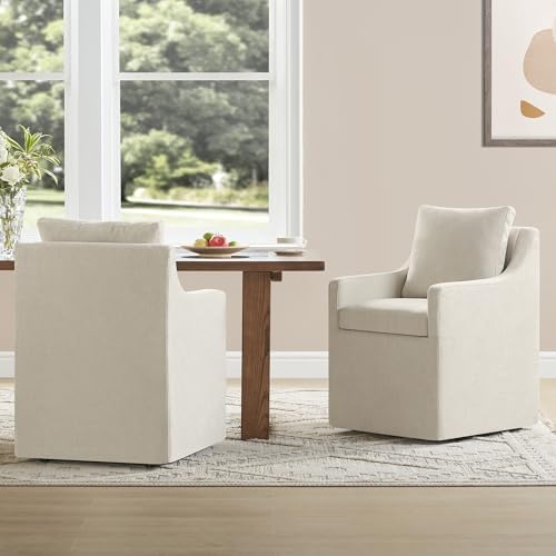 Upholstered Dining Chairs with Casters Washable Cover Side Deskchair with Rollers for Diningroom, Living Room, Cream Beige, 2 Box