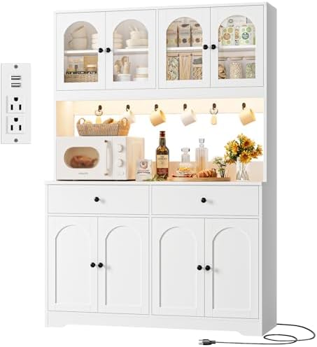 HIFIT 71" LED Kitchen Pantry Cabinet with Power Outlet, Large Kitchen Hutch Storage Cabinet with Arched Door & Shelves & 2 Drawers, Tall Modern Coffee Bar with Hutch for Home Dining Living Room, White