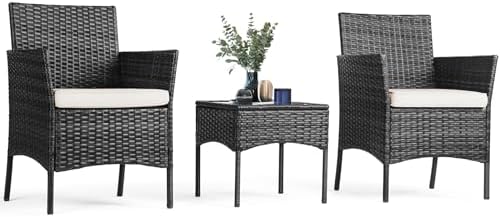 Sweetcripy Patio Furniture Set 3 Pieces, Outdoor Furniture with Soft Cushion and Glass Table, All Weather Manual Weaving Wicker Rattan Patio Chairs for Garden, Terrace, Porch(Black and Beige)
