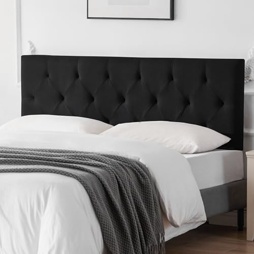 Linen Fabric Upholstered Headboard Queen Size, Modern Diamond Tufting Solid Wood Queen Headboard Only, Adjustable Height from 37” to 51” Head Board, Bed Frame or Wall Mount Headboards, Black
