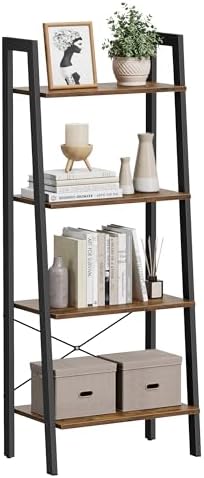 VASAGLE Ladder Shelf, 4-Tier Bookshelf, Storage Rack, Bookcase with Steel Frame, for Living Room, Home Office, Kitchen, Bedroom, Industrial Style, Rustic Brown and Ink Black ULLS44X